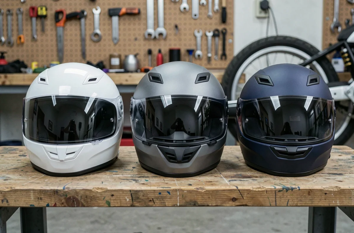 Comparaison de trois casques moto de marques différentes posés sur un établi de garage en bois