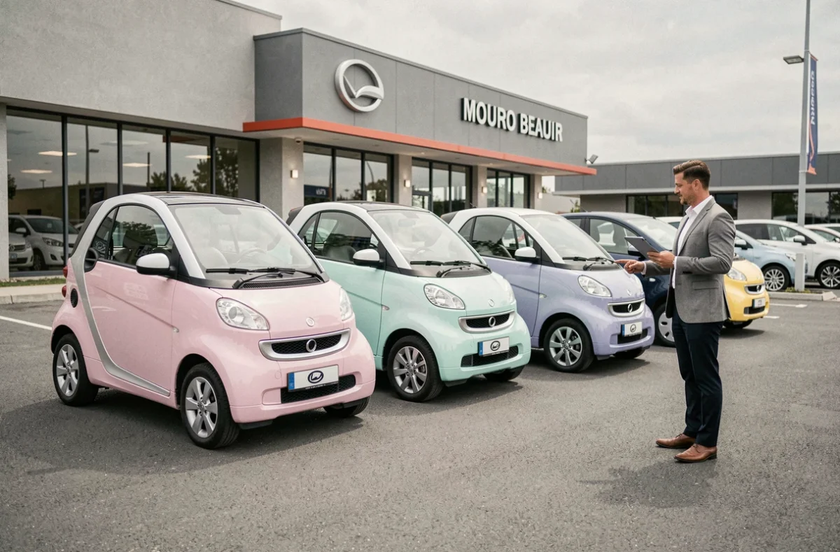 Vendeur présentant plusieurs modèles de voitures sans permis alignées dans un showroom extérieur