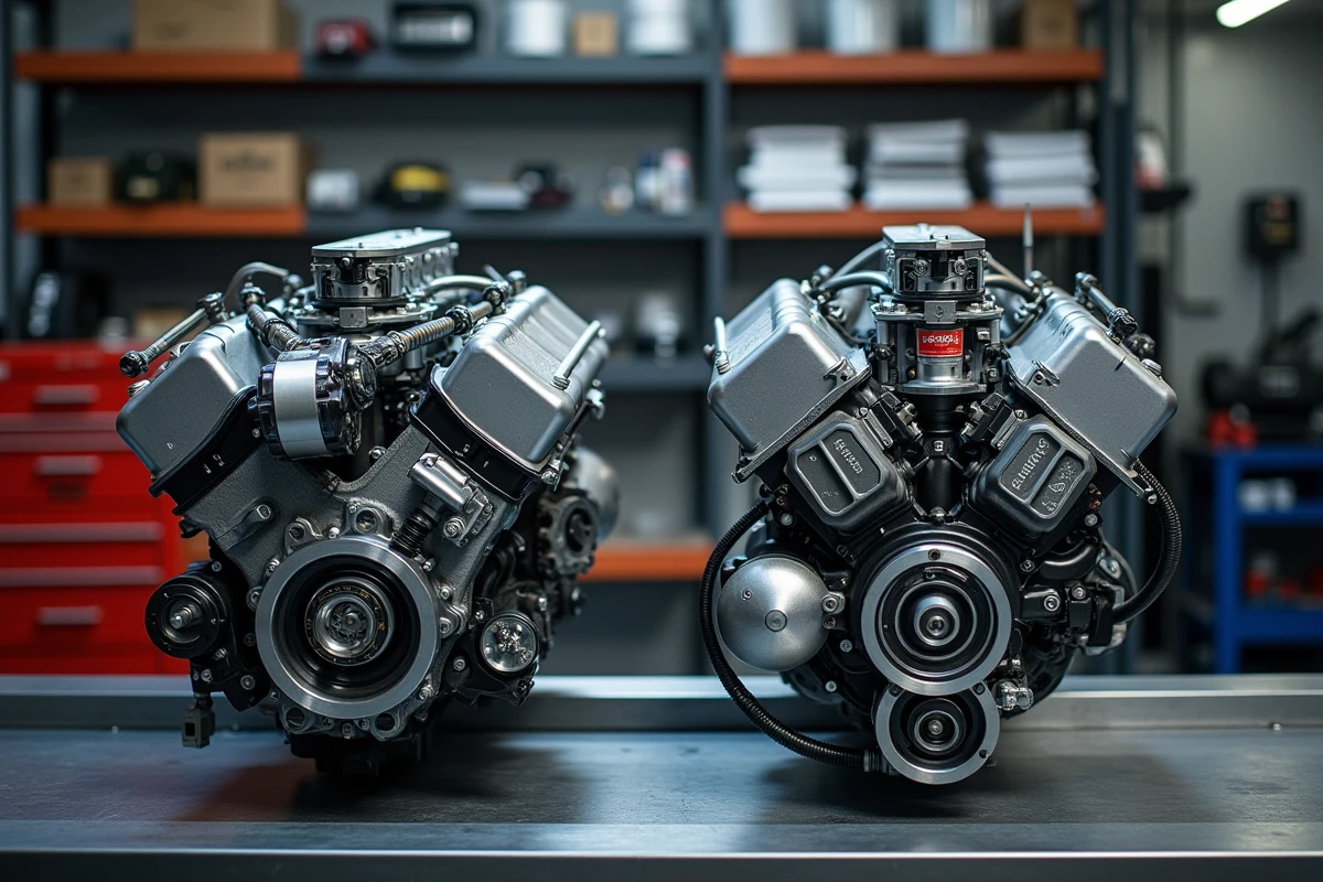 Comparaison côte à côte d'un moteur préparation classique et d'un moteur Shitech sur un établi d'atelier automobile