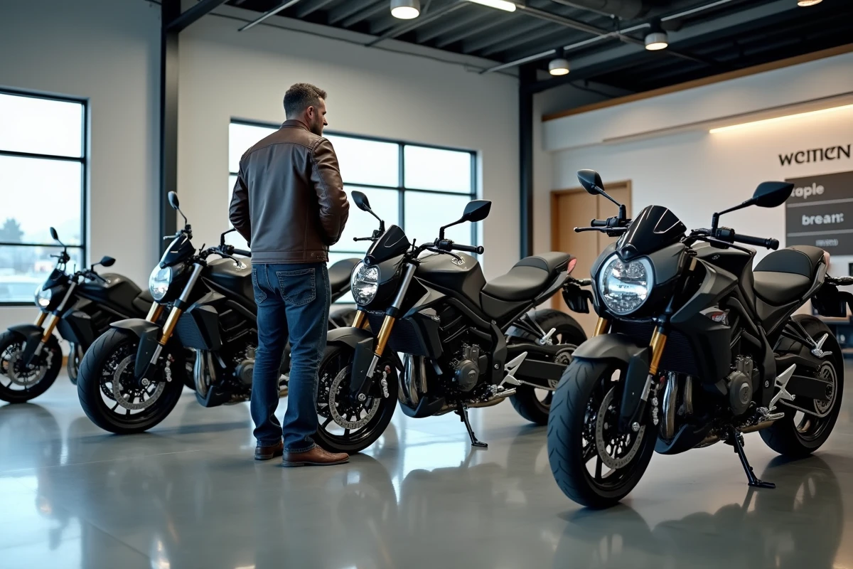 Homme comparant plusieurs motos rapides dans une concession moto moderne avec des superbikes en exposition