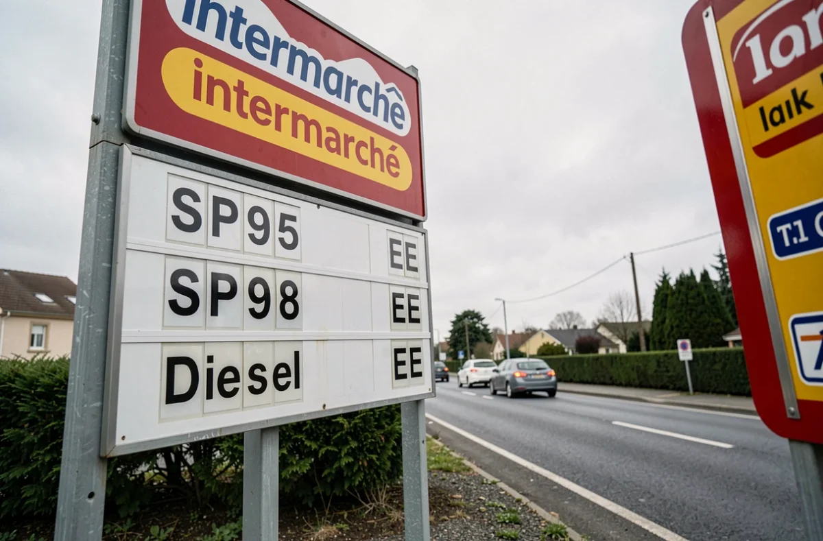 Comparaison des affiches de prix carburant entre la station Intermarché et un concurrent local en bord de route