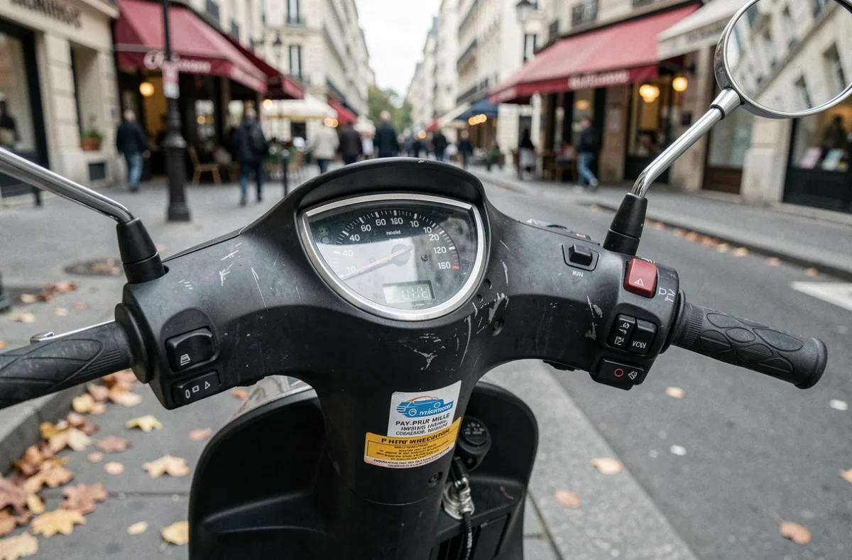Gros plan sur le compteur kilométrique d'un scooter avec un autocollant d'assurance au kilomètre en environnement urbain