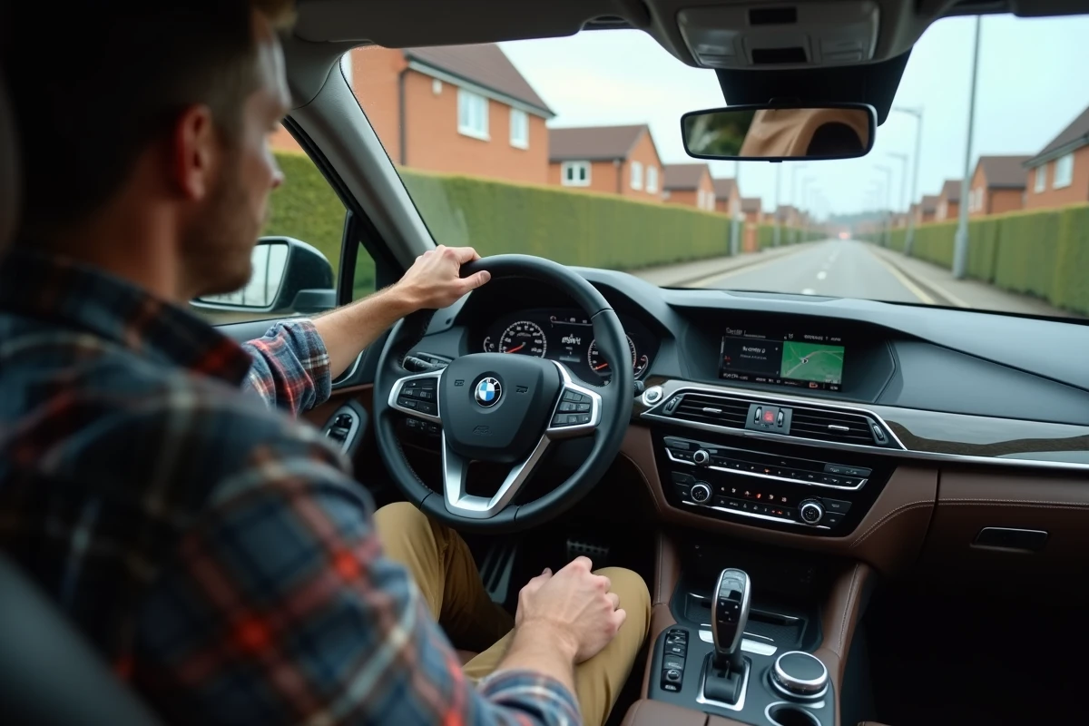 Conducteur observant le compteur de vitesse affichant miles par heure et kilomètres par heure dans une voiture britannique à conduite à droite