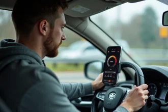 Conducteur consultant une application de conversion mph en kph sur smartphone monté sur tableau de bord en roulant sur autoroute