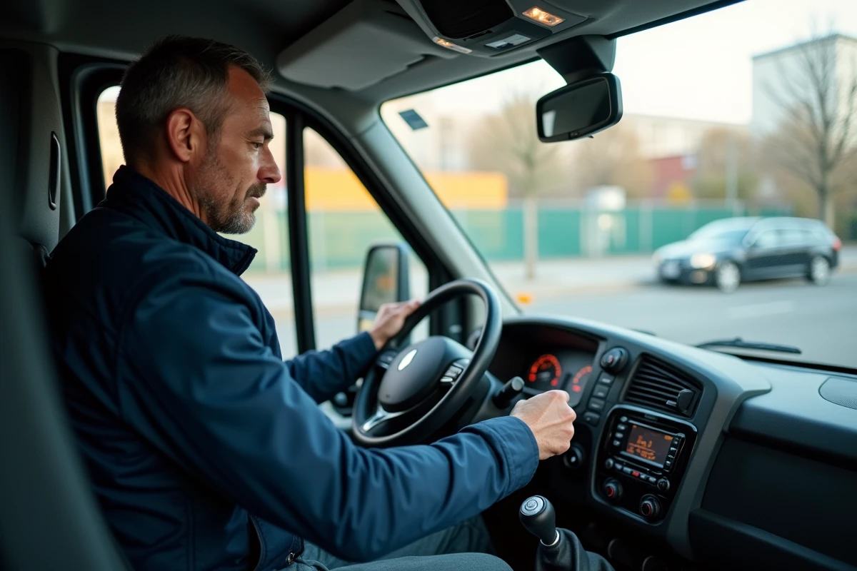 Conducteur au poste de pilotage du Renault Master avec instrumentation numérique et volant multifonctions
