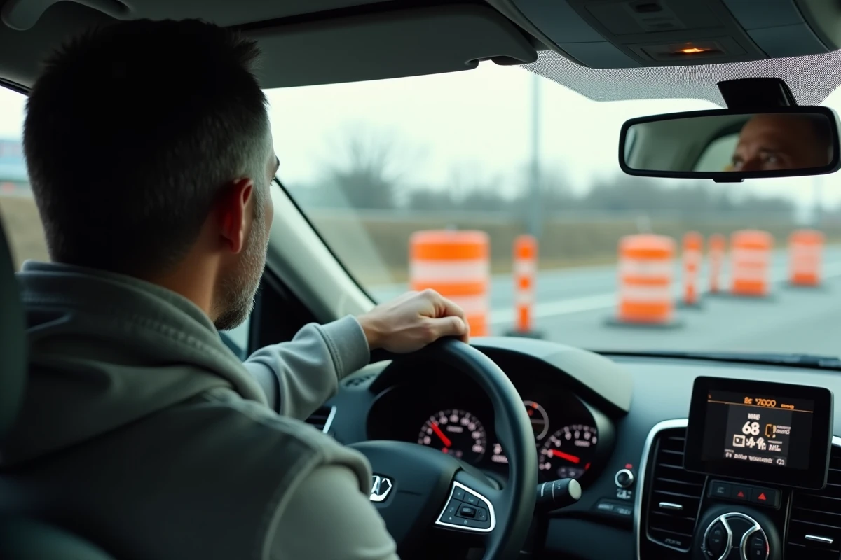 Conducteur au volant observant un panneau de radar de chantier sur autoroute en zone de travaux