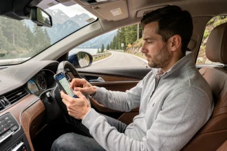 Conducteur ajustant une application GPS sur smartphone monté dans une voiture sur la route de Thonon en Haute-Savoie