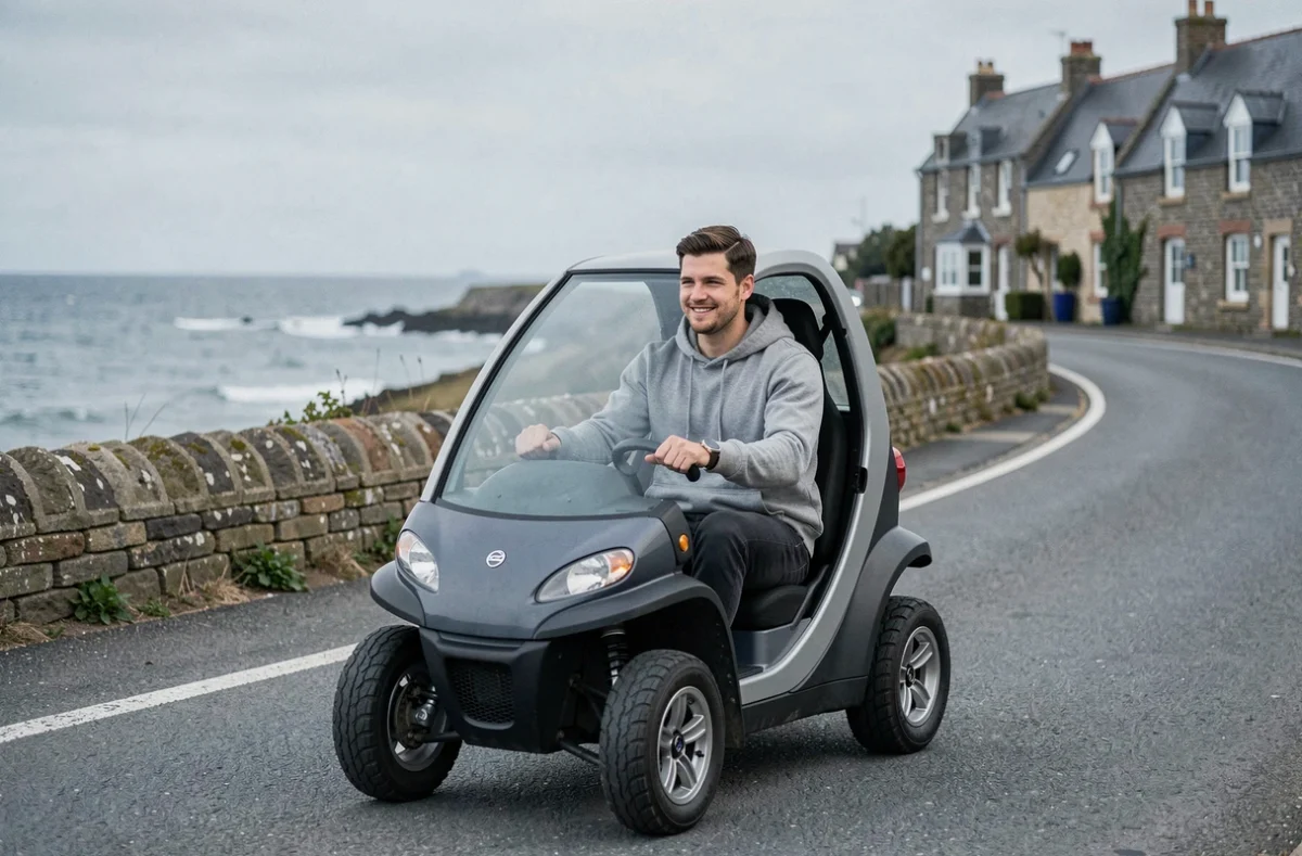 Jeune homme conduisant une voiture sans permis sur une route côtière près de Saint-Malo