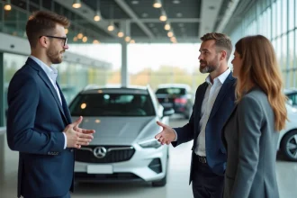 Conseiller commercial expliquant les caractéristiques d'une voiture à un couple dans une concession automobile classique