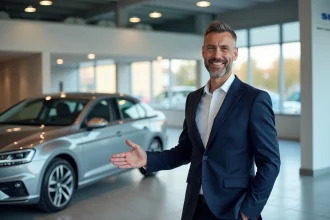 Conseiller commercial PF Motor Sarraltroff présentant un véhicule en showroom