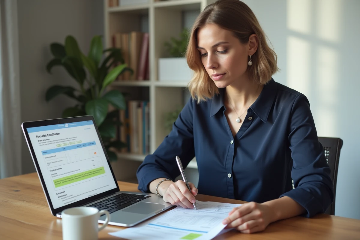 Femme consultant un avis de contravention radar chantier et préparant une contestation administrative