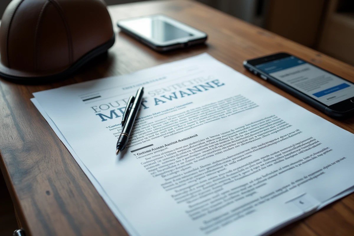 Contrat d'assurance scooter ouvert sur une table avec clauses surlignées et casque de moto