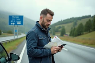 Homme consultant une application de conversion miles en kilomètres sur smartphone au bord d'une route européenne lors d'un voyage en voiture