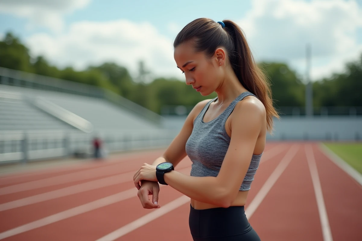 Athlète féminine vérifiant sa vitesse en miles et kilomètres par heure sur une montre GPS pendant un entraînement sur piste