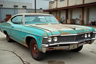 Corrosion sur les bas de caisse et passages de roue d'une Chevrolet Impala 1967 automatique turquoise, vue en trois quarts avant