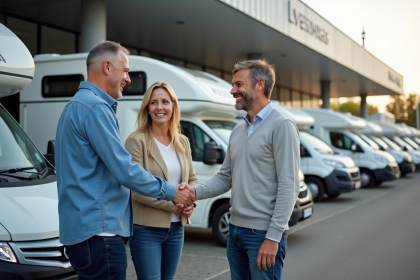 Couple français souriant avec un concessionnaire devant leur nouveau motorhome