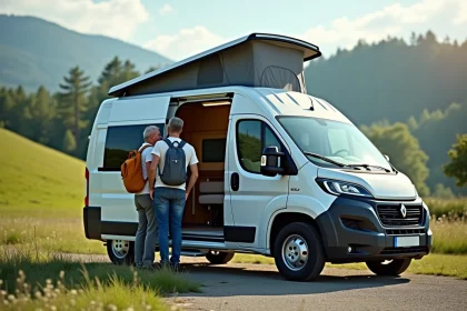 Couple avec van moderne en campagne verte
