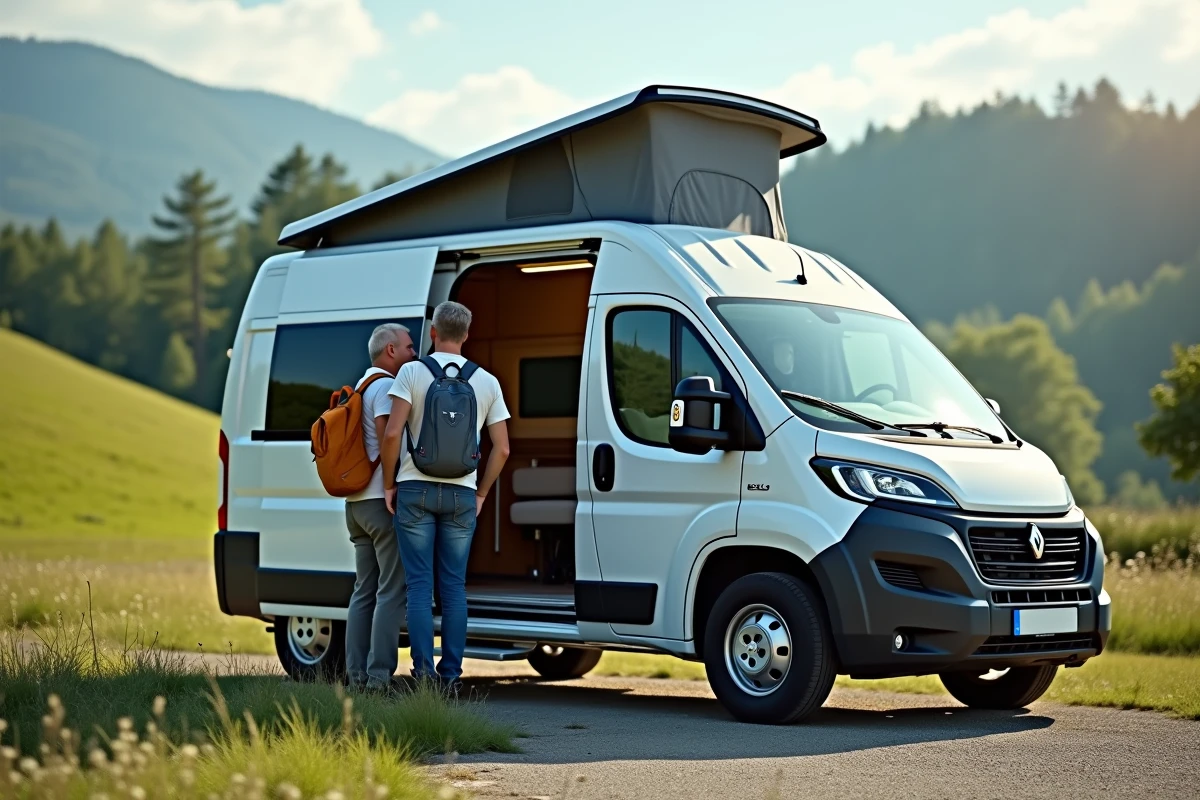 Couple avec van moderne en campagne verte