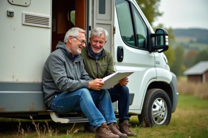Couple souriant devant leur camping-car en nature