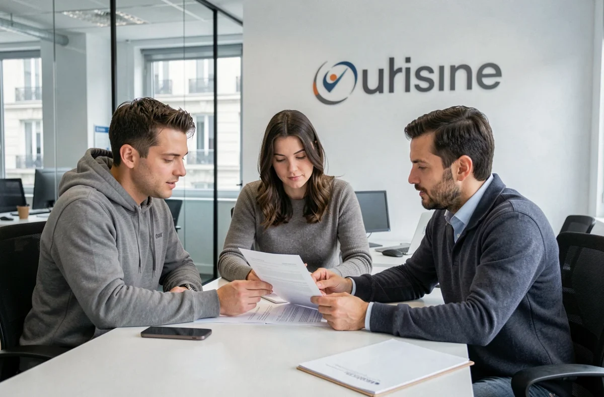 Couple en rendez-vous avec un conseiller en assurance auto dans une agence à Tours