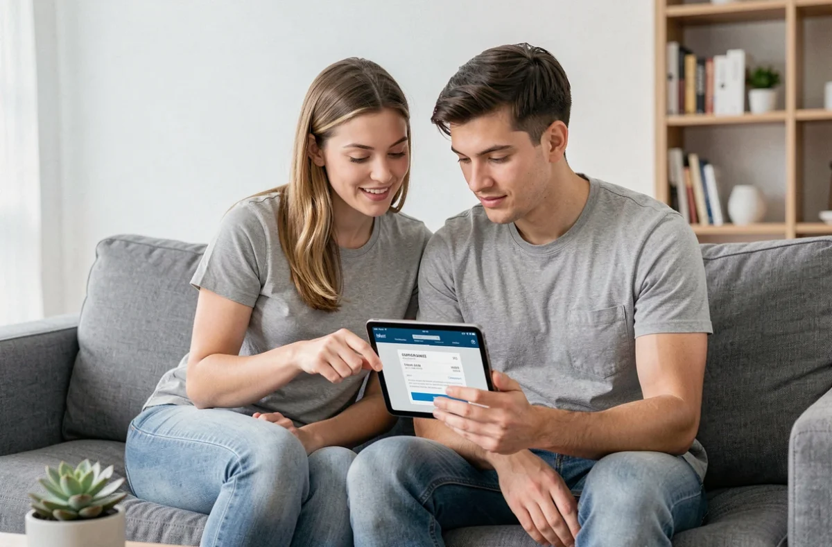 Couple consultant un devis d'assurance voiture rapide sur une tablette dans leur salon