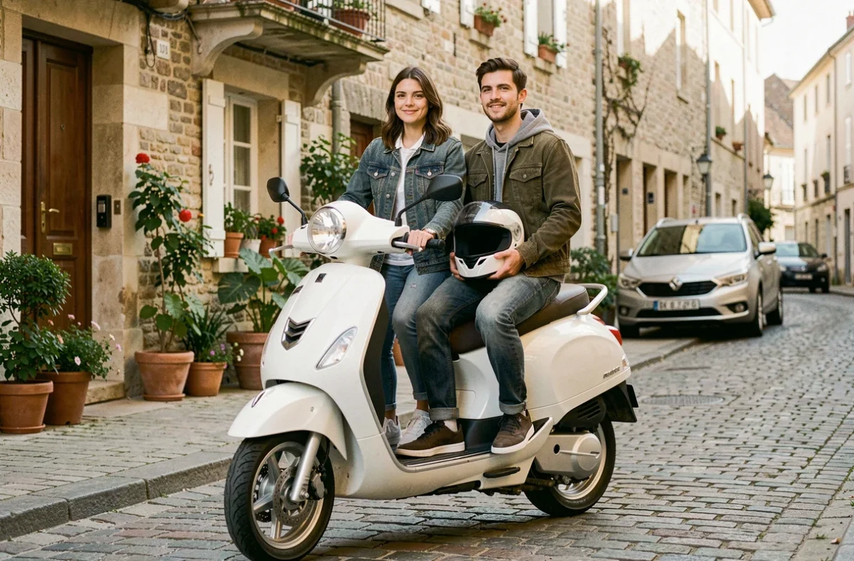 Couple avec casques sur un scooter neuf dans une rue française, illustration d'une assurance scooter pour deux
