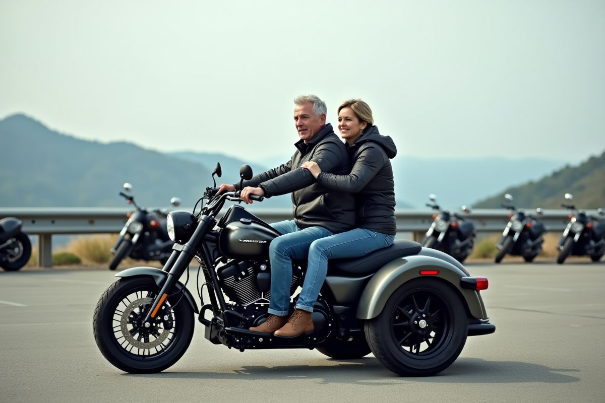 Couple sur trike avec vue panoramique en arrière-plan