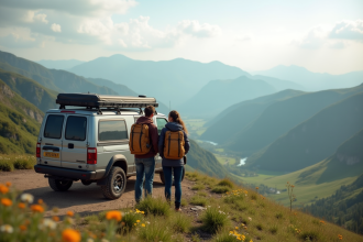 Couple voyageant en van dans un paysage montagnard