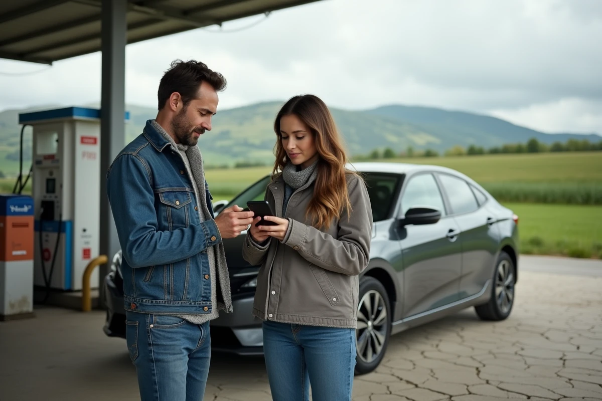 Couple consultant un smartphone près d'une voiture diesel 1.6 HDI dans une station-service rurale en France