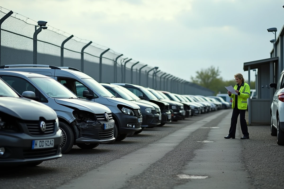Cour de gardiennage automobile avec v&eacute;hicules endommag&eacute;s apr&egrave;s sinistre en attente d'expertise
