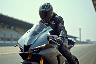 Jeune pilote en combinaison sur une moto de course rapide