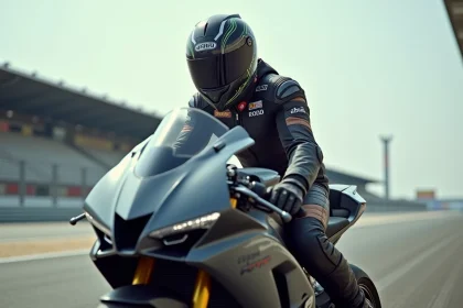 Jeune pilote en combinaison sur une moto de course rapide