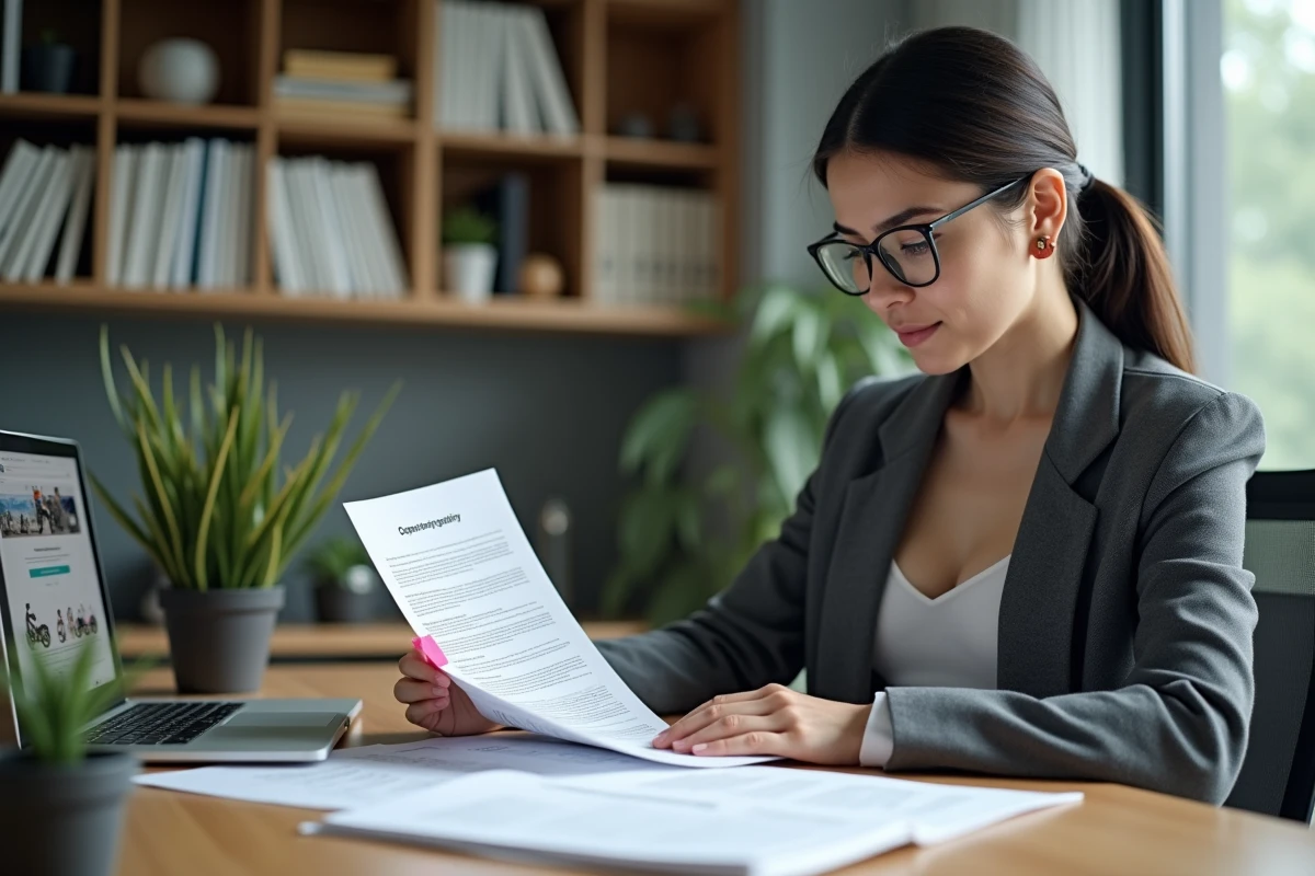 Courtière en assurance analysant les clauses d'un contrat scooter dans un bureau professionnel