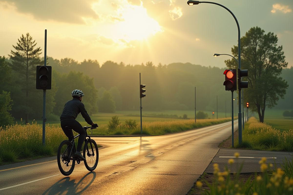 Cycliste à un feu rouge dans un paysage rural paisible au matin