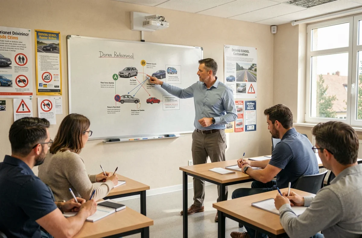 Formateur de DCE Formation animant un cours de sécurité routière pour des adultes dans une salle de formation à Reims