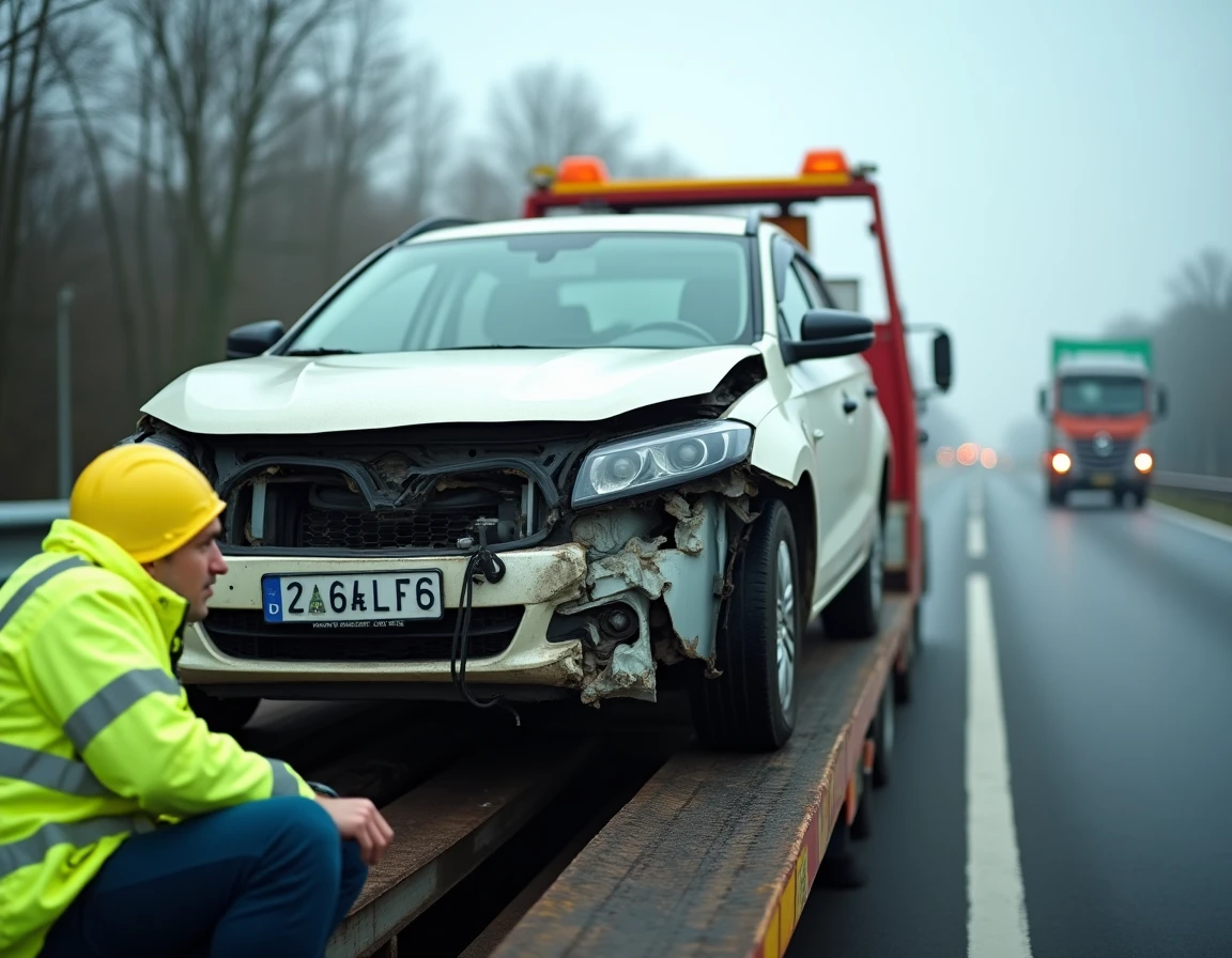 Dépanneuse en train de remorquer une voiture accidentée sur la bande d'arrêt d'urgence de l'autoroute dans le Nord de la France