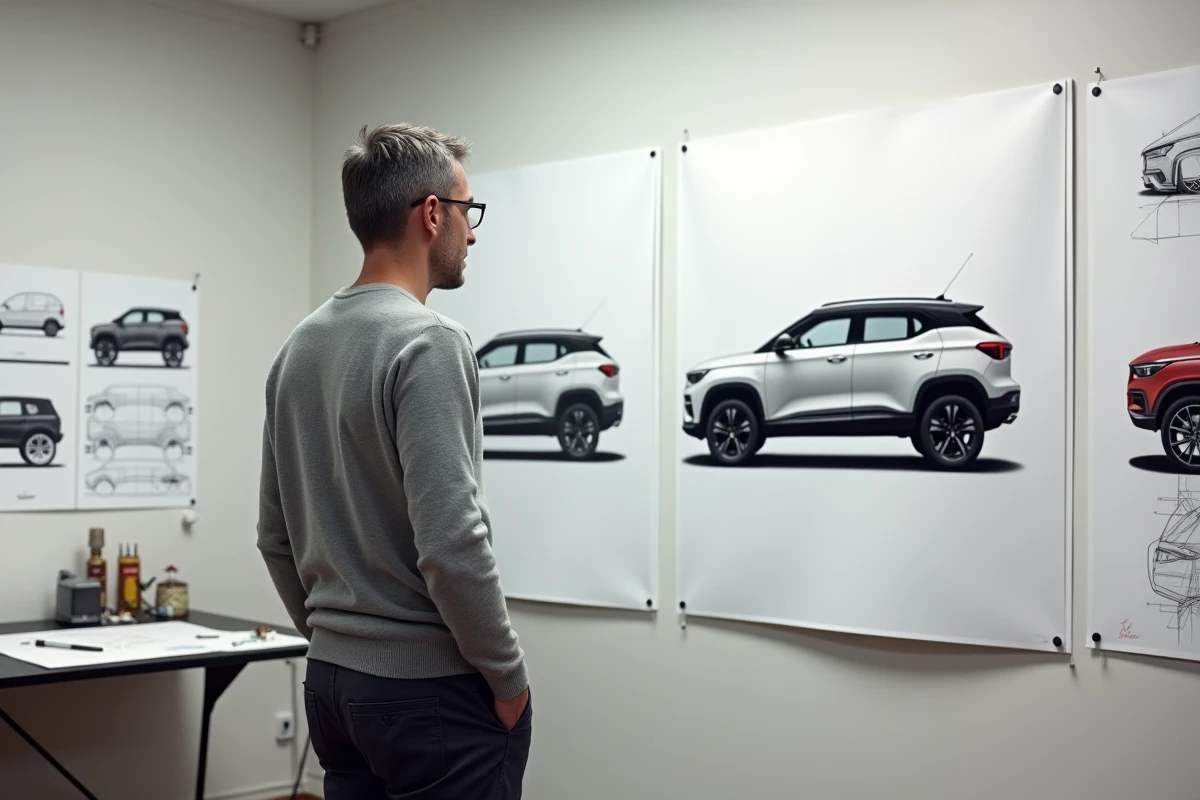 Designer automobile étudiant l'évolution du design SUV inspiré de l'Aztek dans un studio créatif