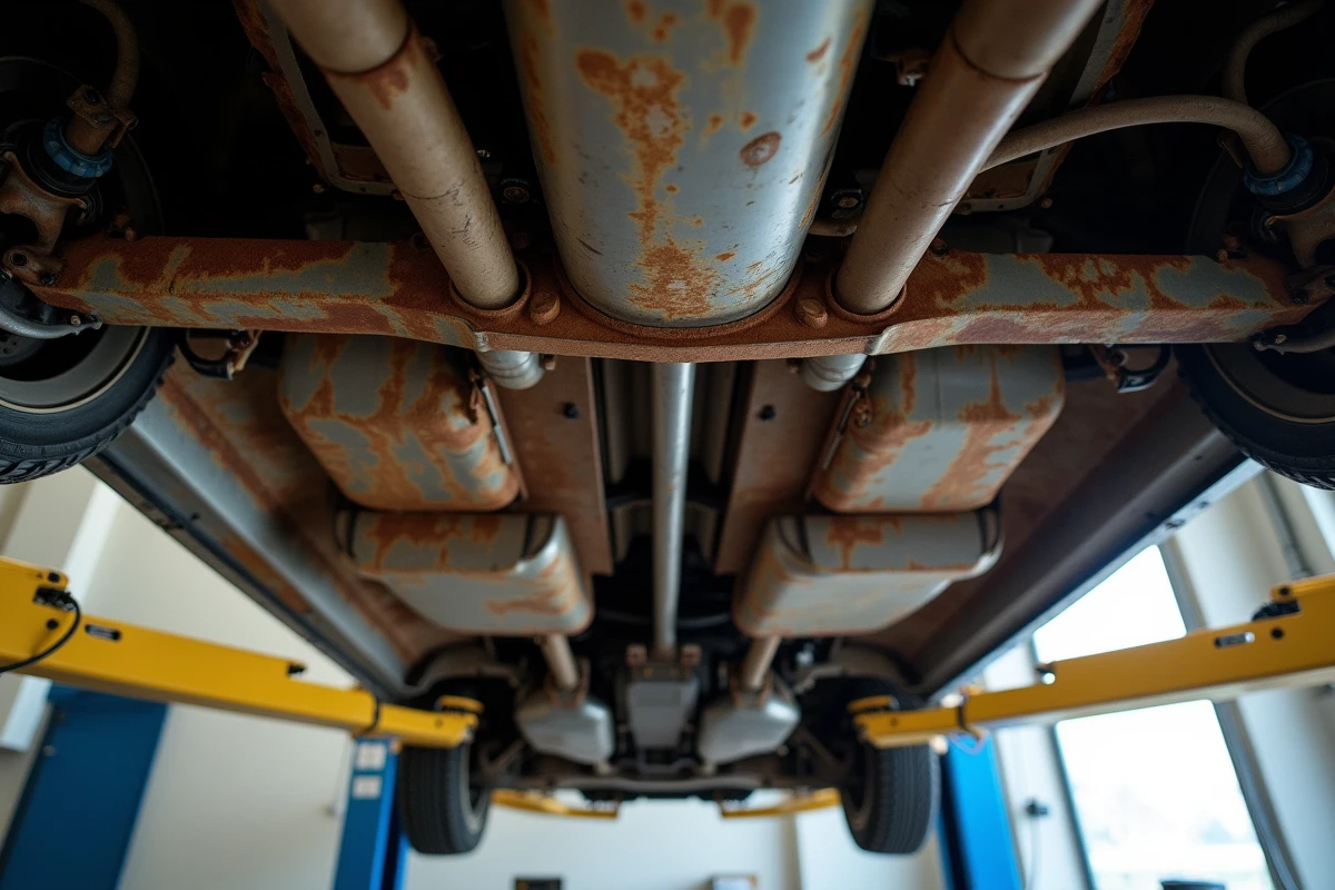 Vue du dessous d'une Chevrolet Impala 1967 sur pont élévateur montrant la corrosion avancée sur le châssis et le plancher