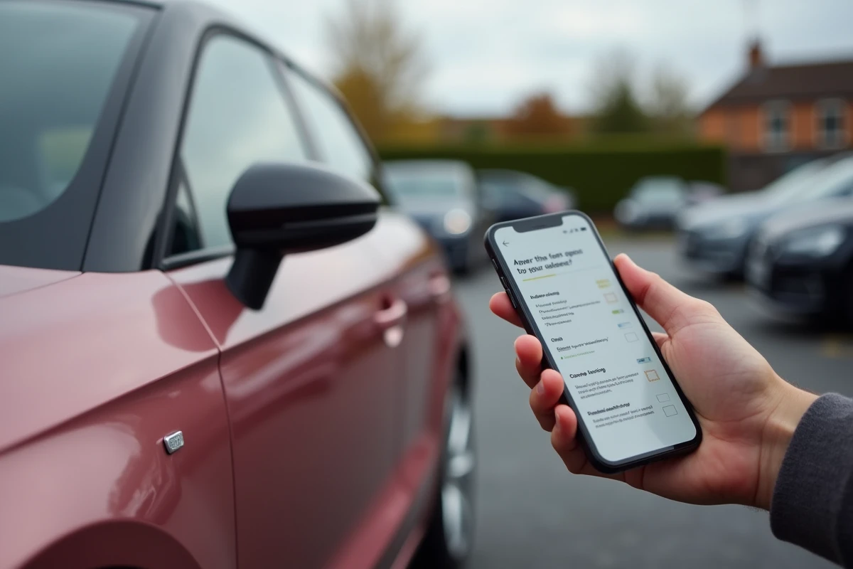Détail de la carrosserie rose d'une Audi A1 avec une main tenant un smartphone affichant une liste de vérification avant achat