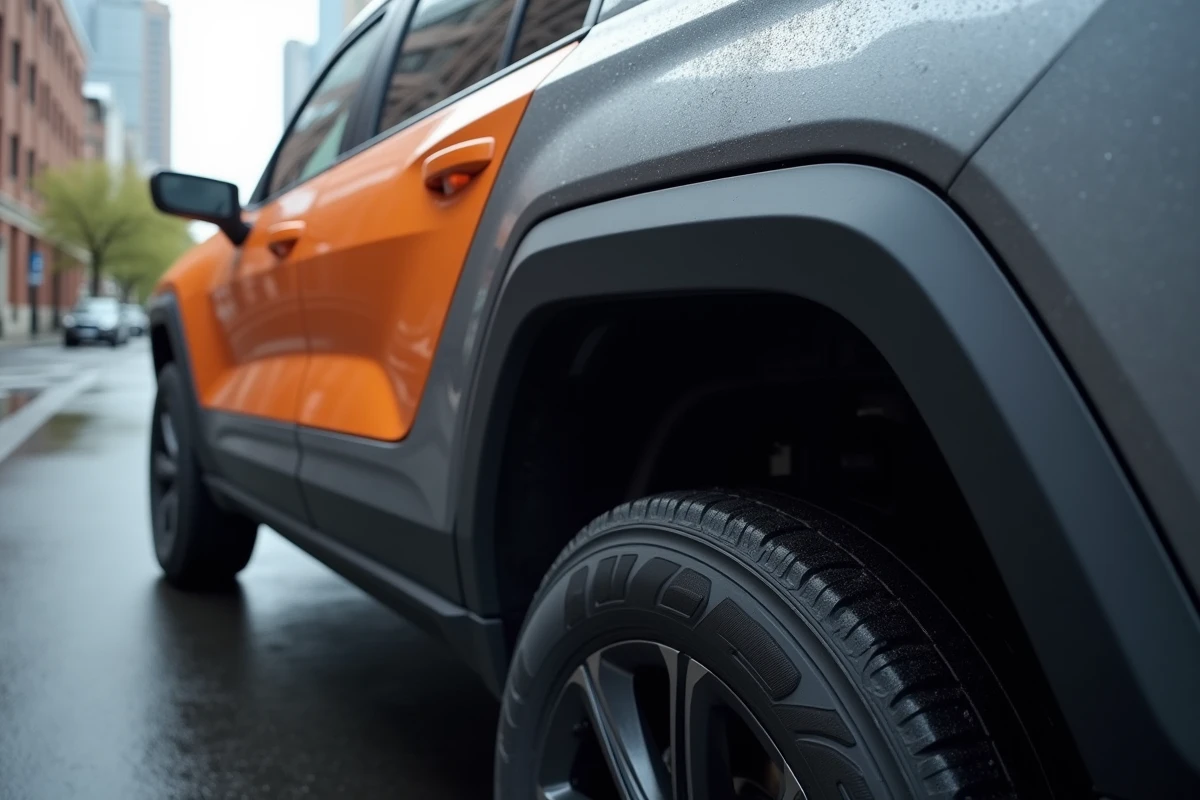 Détail de carrosserie d'un SUV 2026 aux lignes angulaires héritées de l'influence du design Aztek