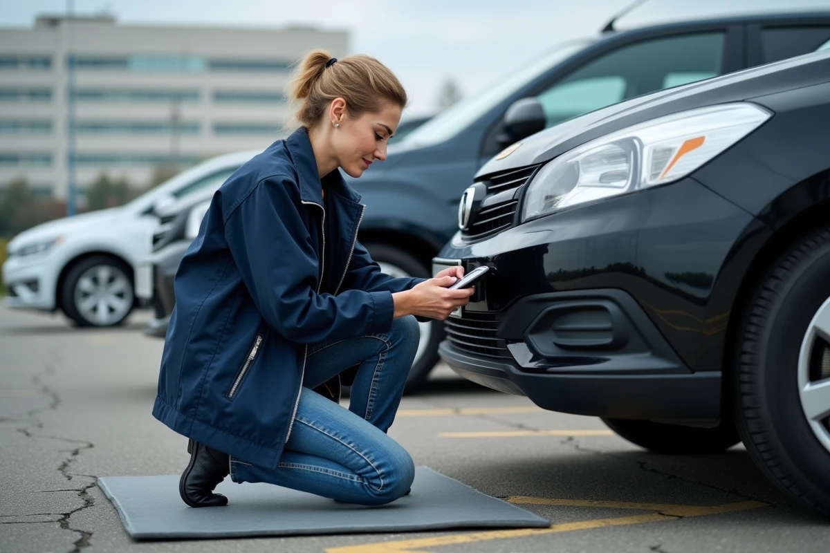 Femme utilisant un détecteur de traceur GPS sur le pare-chocs avant d'une berline dans un parking urbain