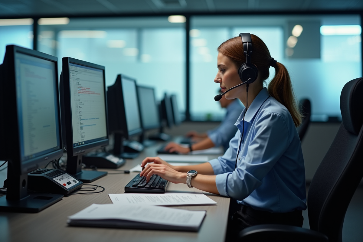 Dispatcheuse professionnelle dans une salle de contrôle moderne