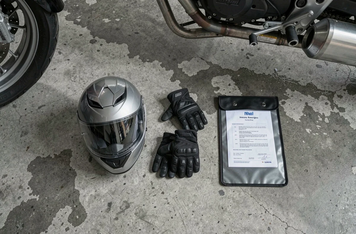 Vue du dessus des documents d'assurance moto et équipements de motard posés sur le sol d'un garage