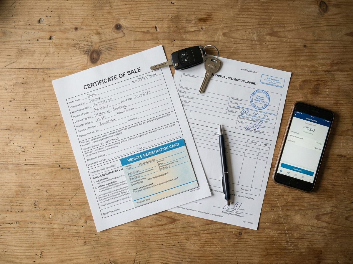 Documents nécessaires pour vendre une voiture entre particuliers étalés sur une table, incluant certificat de cession, carte grise et rapport de contrôle technique