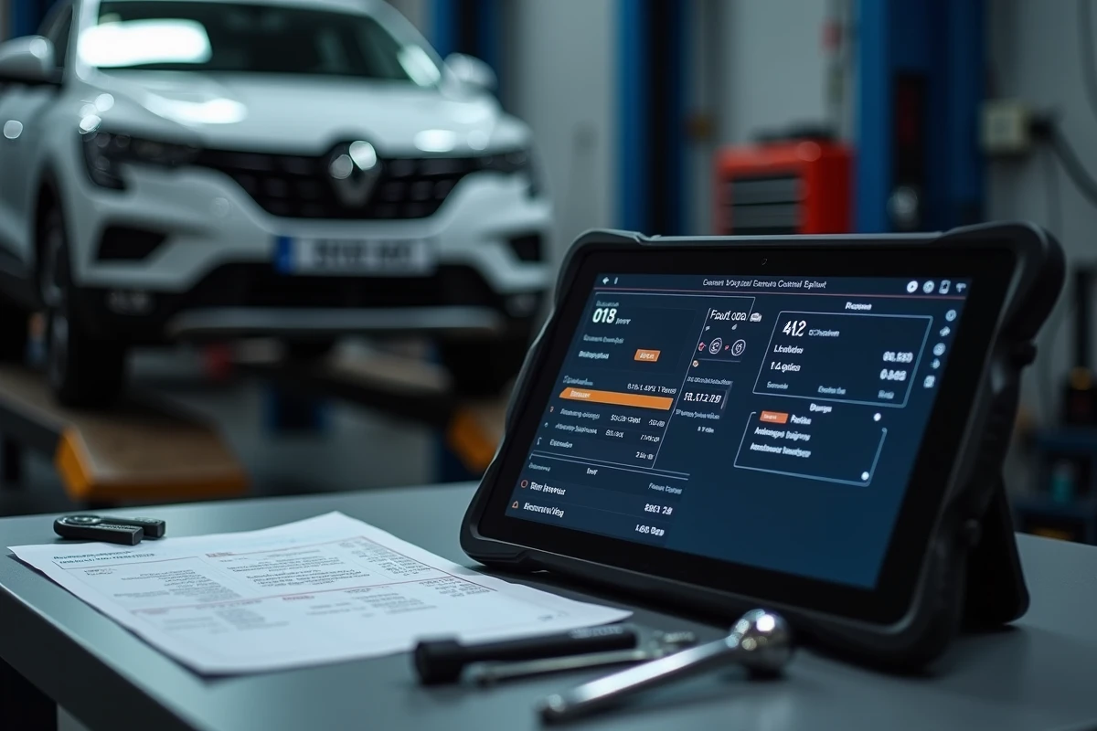 Écran de diagnostic affichant le code erreur 1525F3 sur une tablette de garage Renault avec devis de réparation