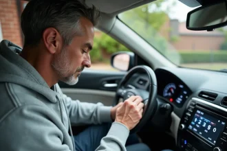 Homme entrant un code sur un autoradio d'occasion dans une voiture garée dans une allée résidentielle