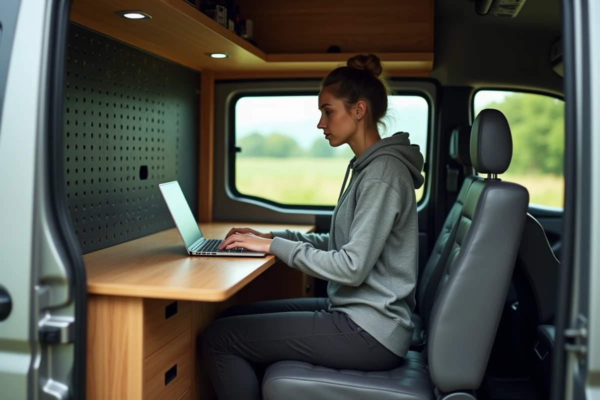 Femme travaillant sur un ordinateur portable dans un espace bureau aménagé en van Master L2H2 avec rangements verticaux optimisés