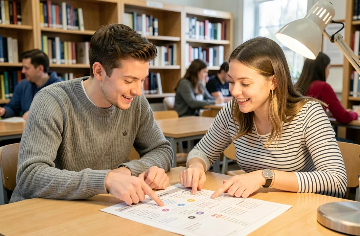 Deux étudiants collaborant sur les 100 questions du permis de conduire dans une bibliothèque