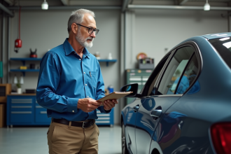 Expert automobile examinant une voiture dans un garage moderne
