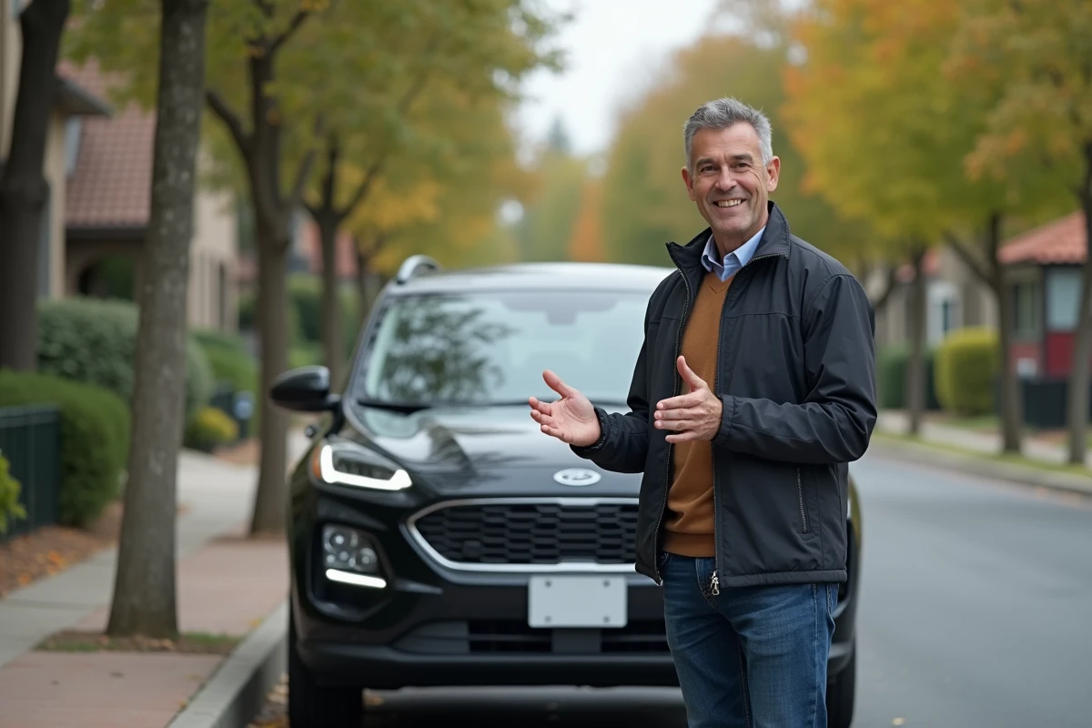 Expert automobile devant un SUV en environnement urbain